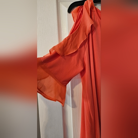 Bold Elements Summer Coral Ruffle Cold Shoulder Blouse - Picture 2 of 5